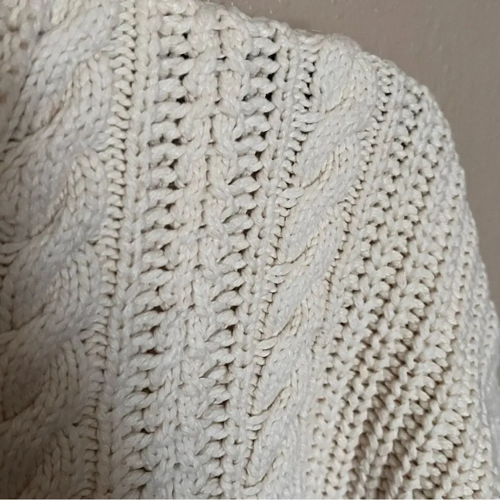 J. Crew Cream Fisherman Cable Knit Sweater with Slit & Fringe Detail Size Medium